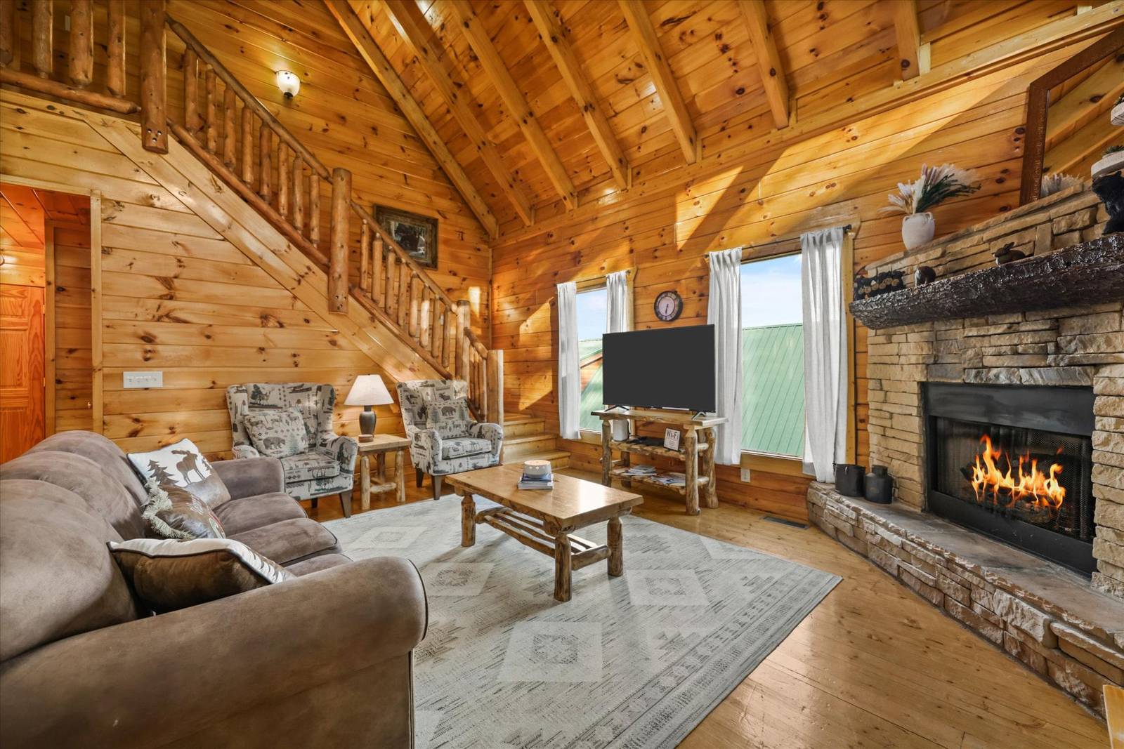 Stone fireplace and room to gather