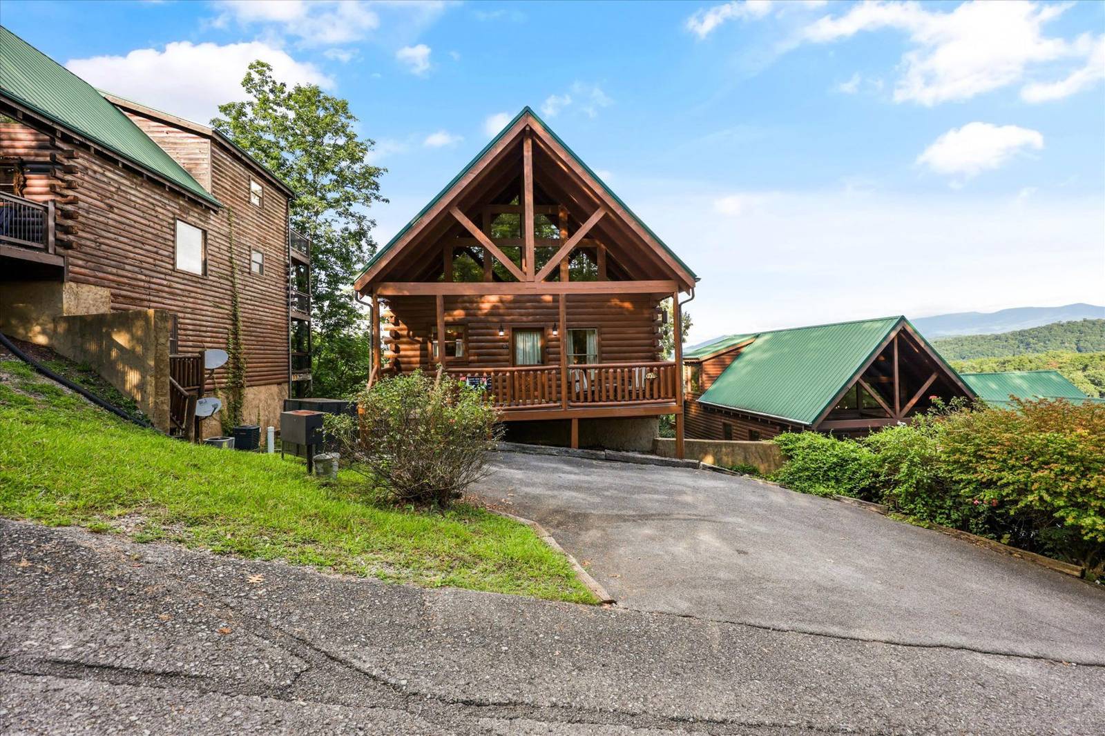Multiple log cabins with green roofs and a paved driveway