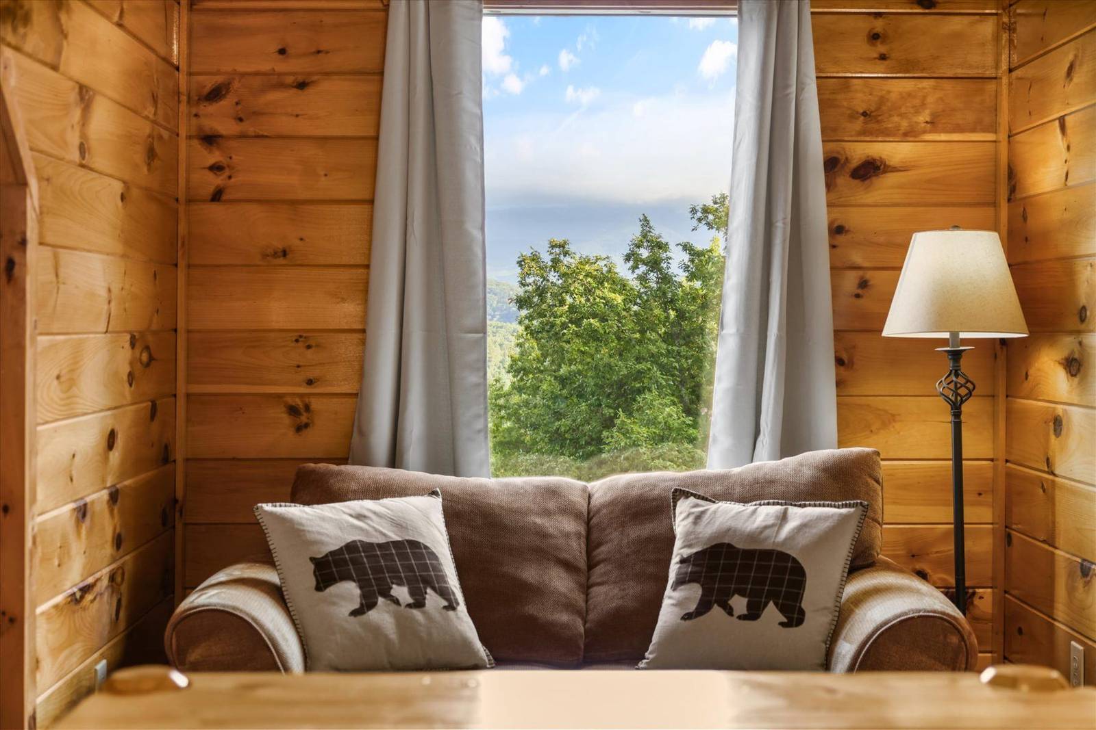 Brown sofa with bear pillows facing window with mountain view