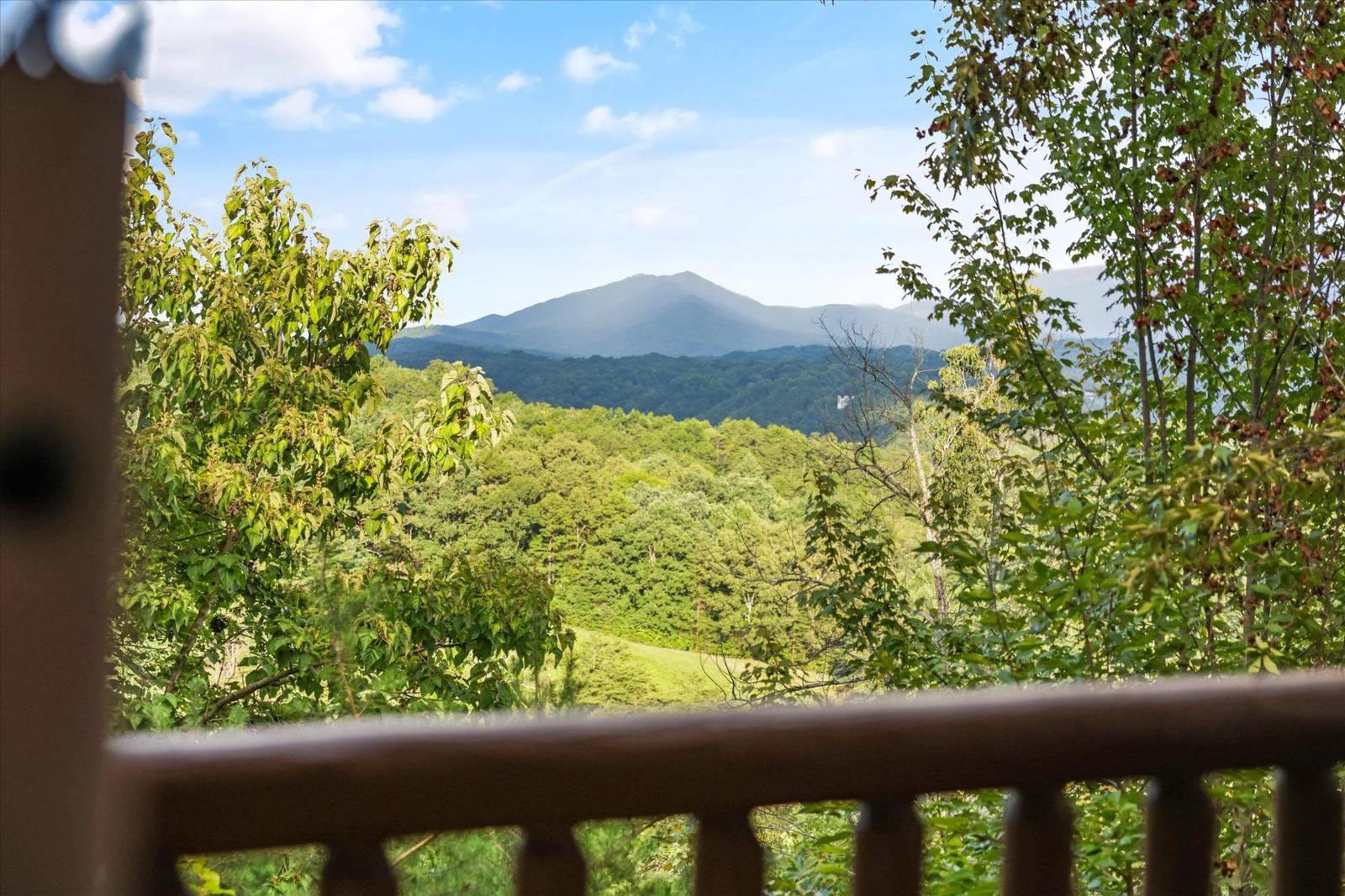 Wooden railing view of distant mountains, dense green forest, and blue sky