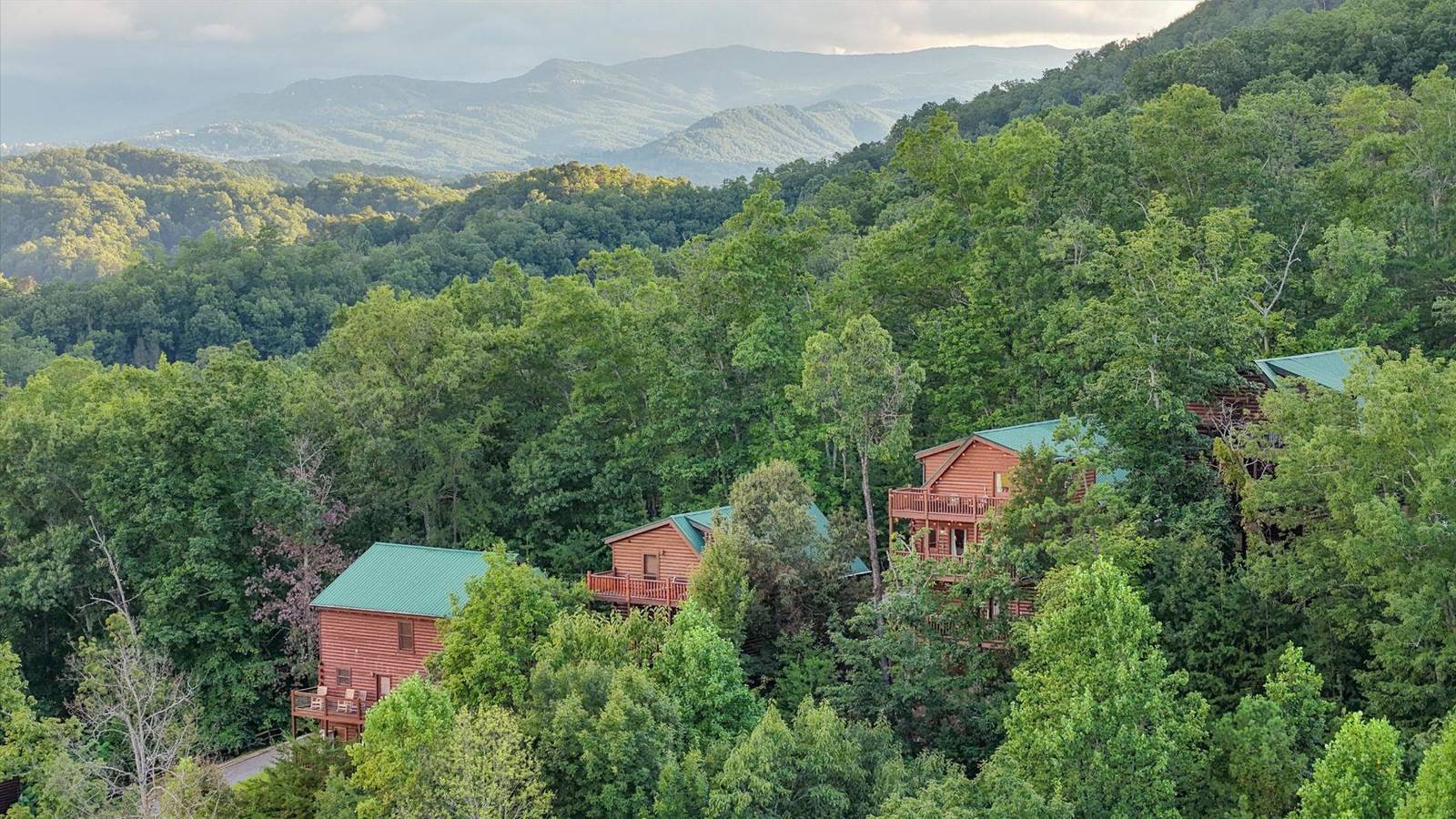 Three wooden cabins with green roofs in a lush forest